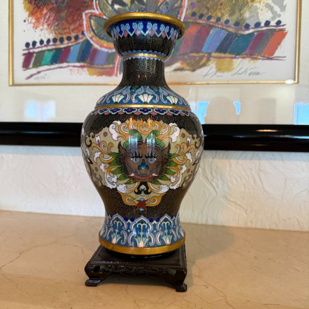 Chinese cloisonné vase, Black with face design, copper, 11.5 inches